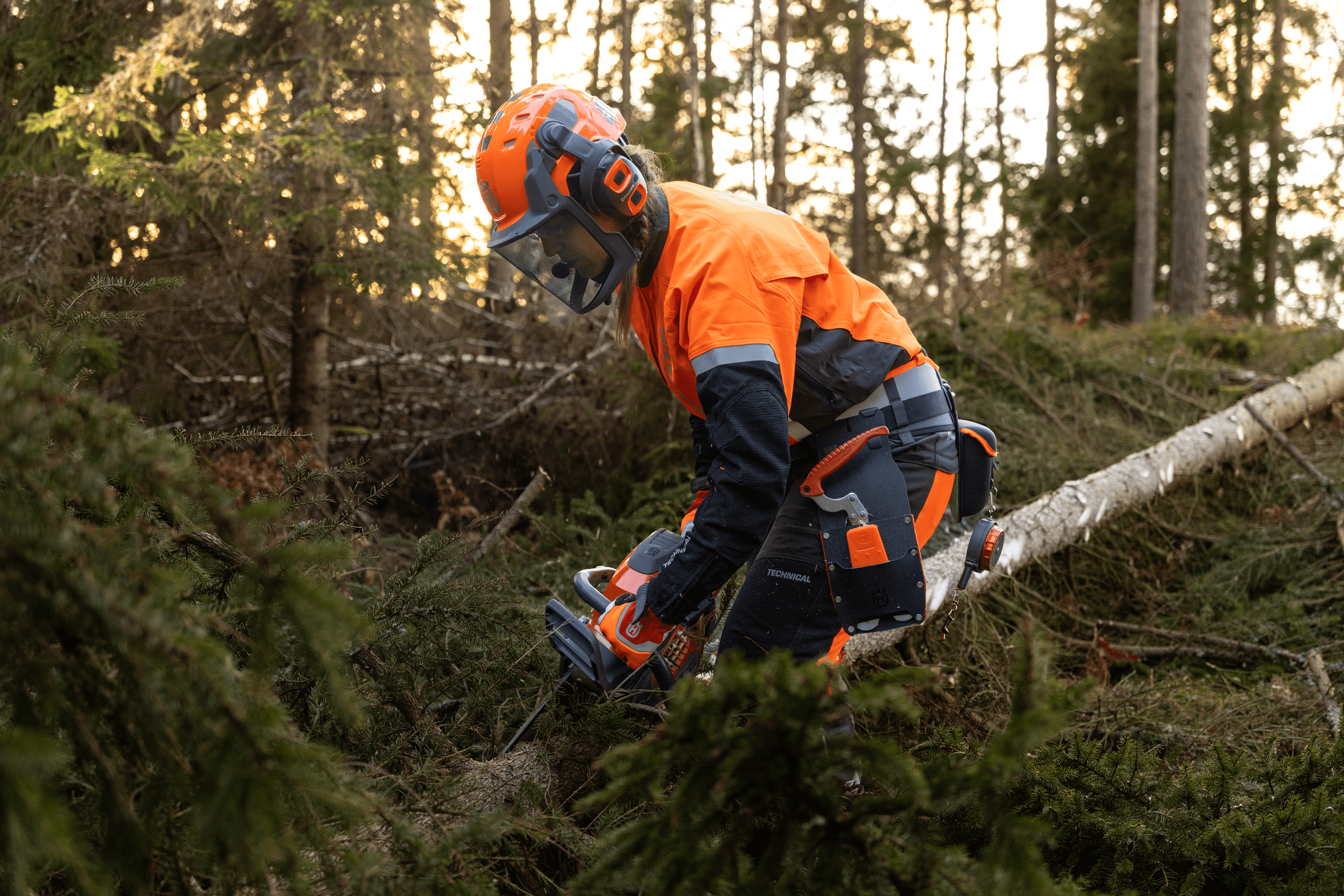 man holding polesaw whilst cutting tree